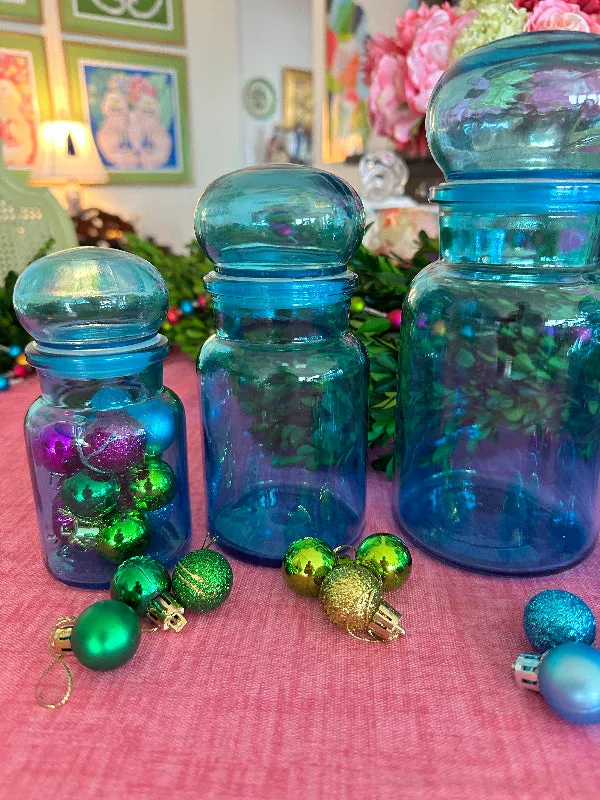 Vintage Bubble Jars, Belgium, Blue Glass, EACH SOLD SEPARATELY, 1 large, 2 medium, 2 small