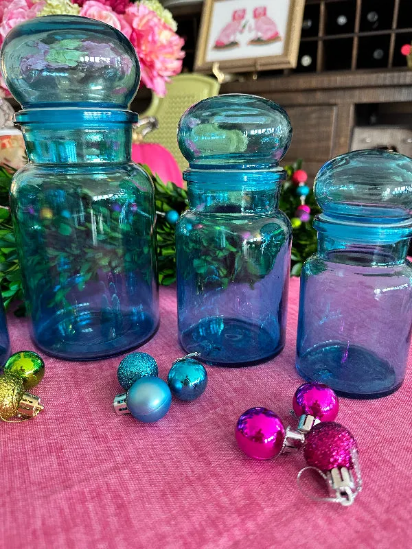 Vintage Bubble Jars, Belgium, Blue Glass, EACH SOLD SEPARATELY, 1 large, 2 medium, 2 small