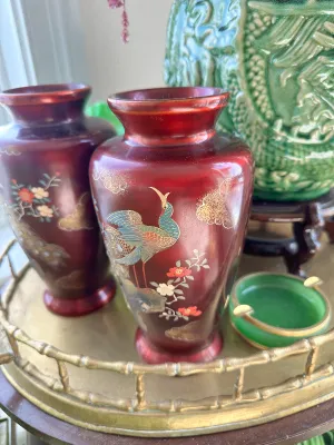 Vintage Cloisonne' Vase, Maroon, Peacock and Floral Hand painted, Mother of Pearl Inlay, Copper Insert 2 Available, EACH SOLD SEPARATELY