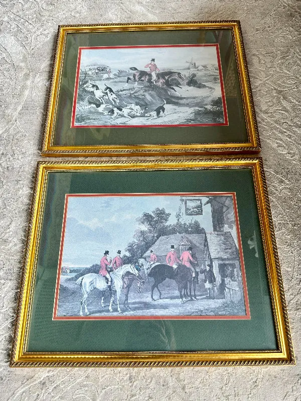 Vintage Fox Hunting Prints Gold Leaf WoodFrame, Double Matted- PAIR