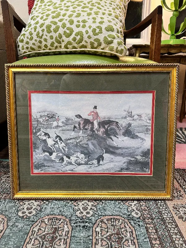 Vintage Fox Hunting Prints Gold Leaf WoodFrame, Double Matted- PAIR