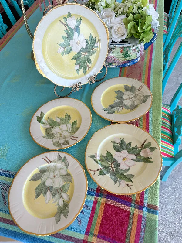 Vintage Hand Painted China Dogwood flower 4 Dinner Plates, 1 Platter 1953, 5 piece set