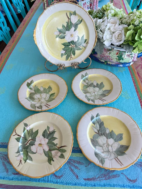 Vintage Hand Painted China Dogwood flower 4 Dinner Plates, 1 Platter 1953, 5 piece set