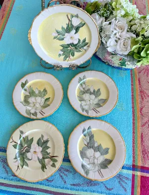 Vintage Hand Painted China Dogwood flower 4 Dinner Plates, 1 Platter 1953, 5 piece set