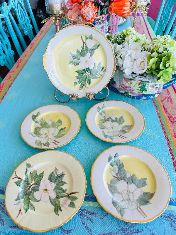 Vintage Hand Painted China Dogwood flower 4 Dinner Plates, 1 Platter 1953, 5 piece set