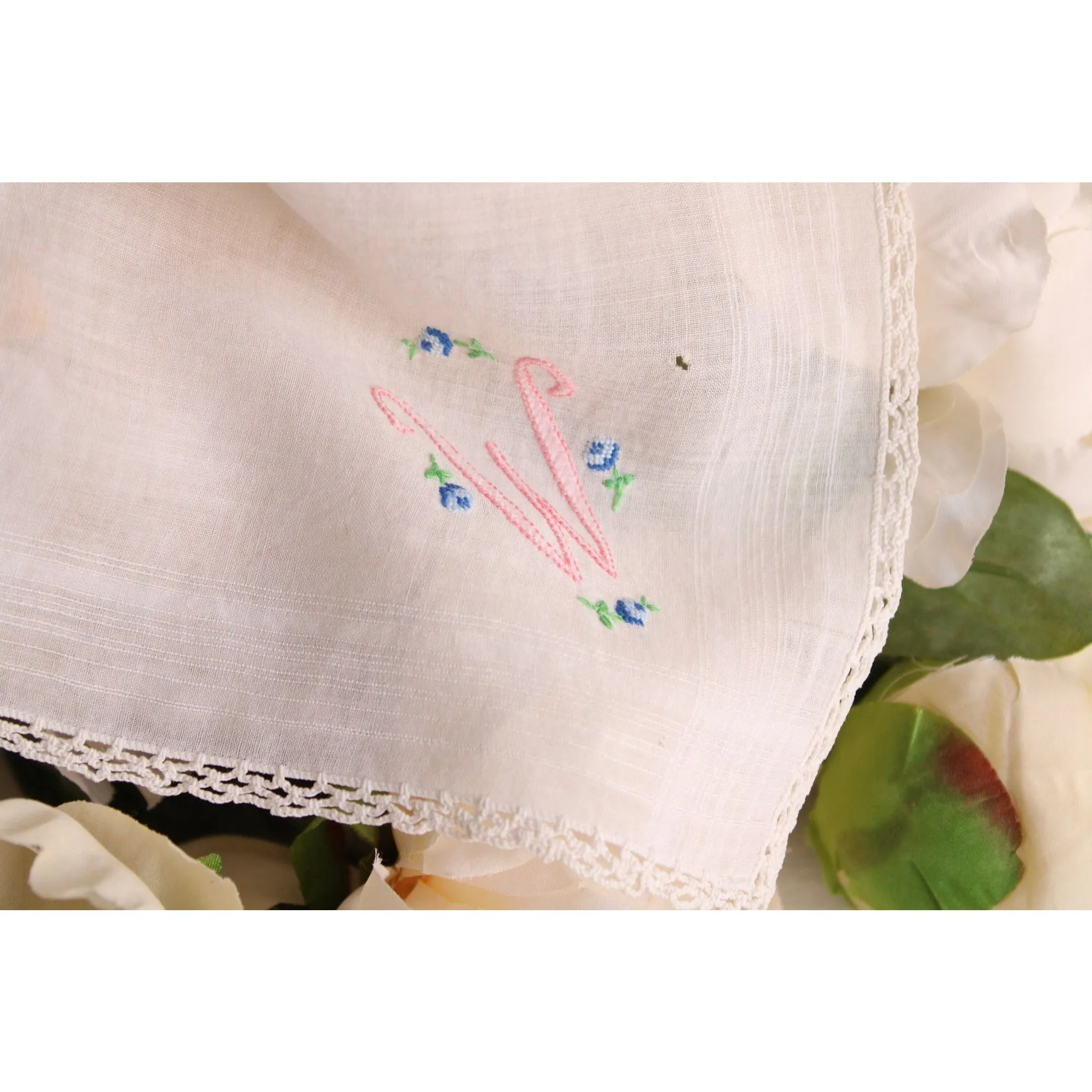 Vintage Handkerchief in White Cotton, Monogrammed with W