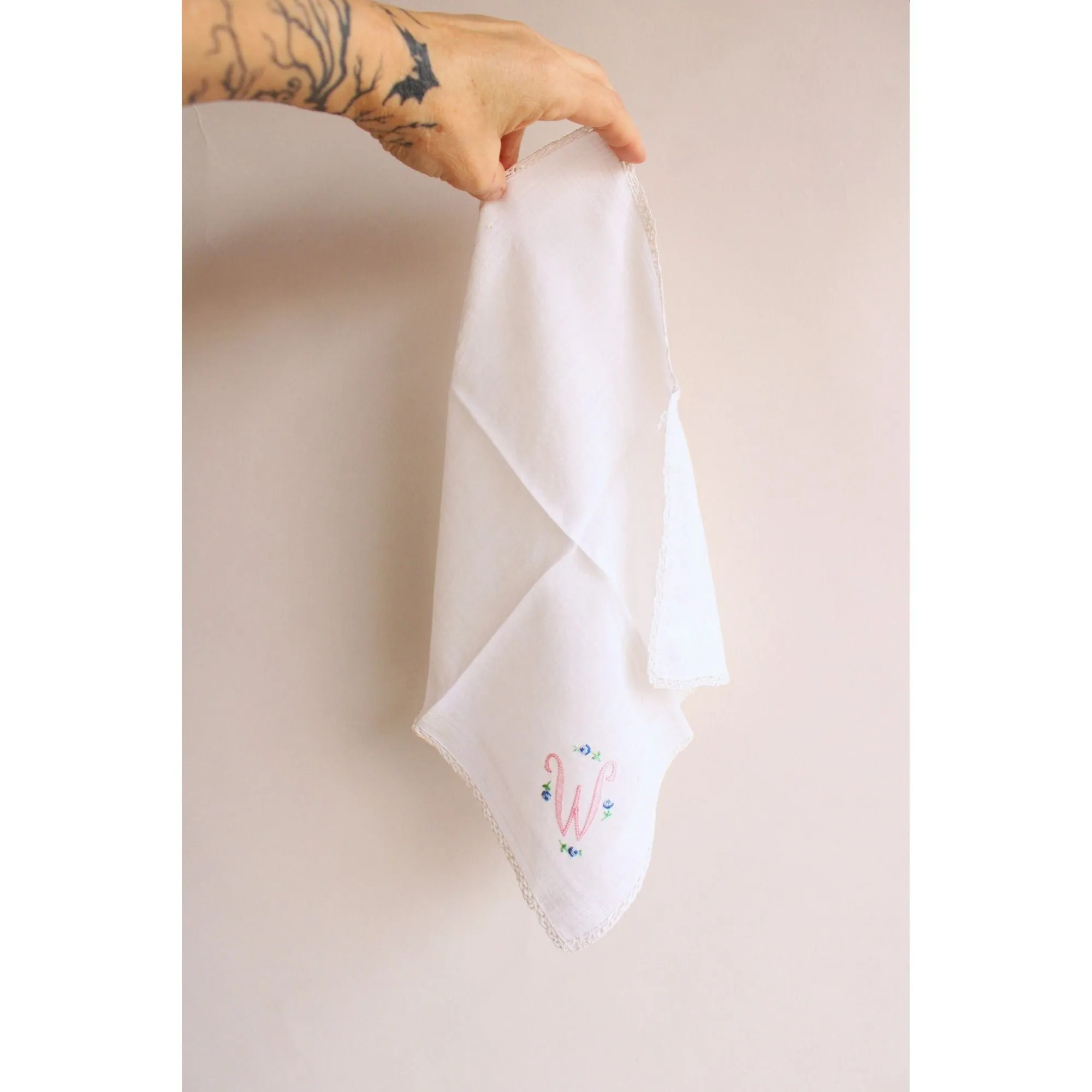 Vintage Handkerchief in White Cotton, Monogrammed with W