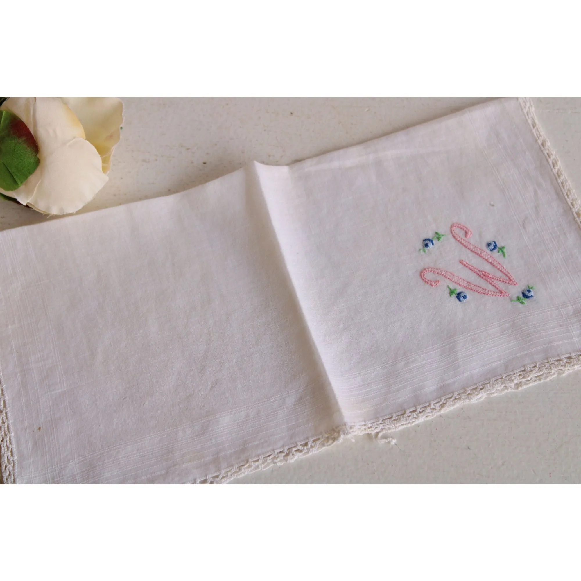 Vintage Handkerchief in White Cotton, Monogrammed with W