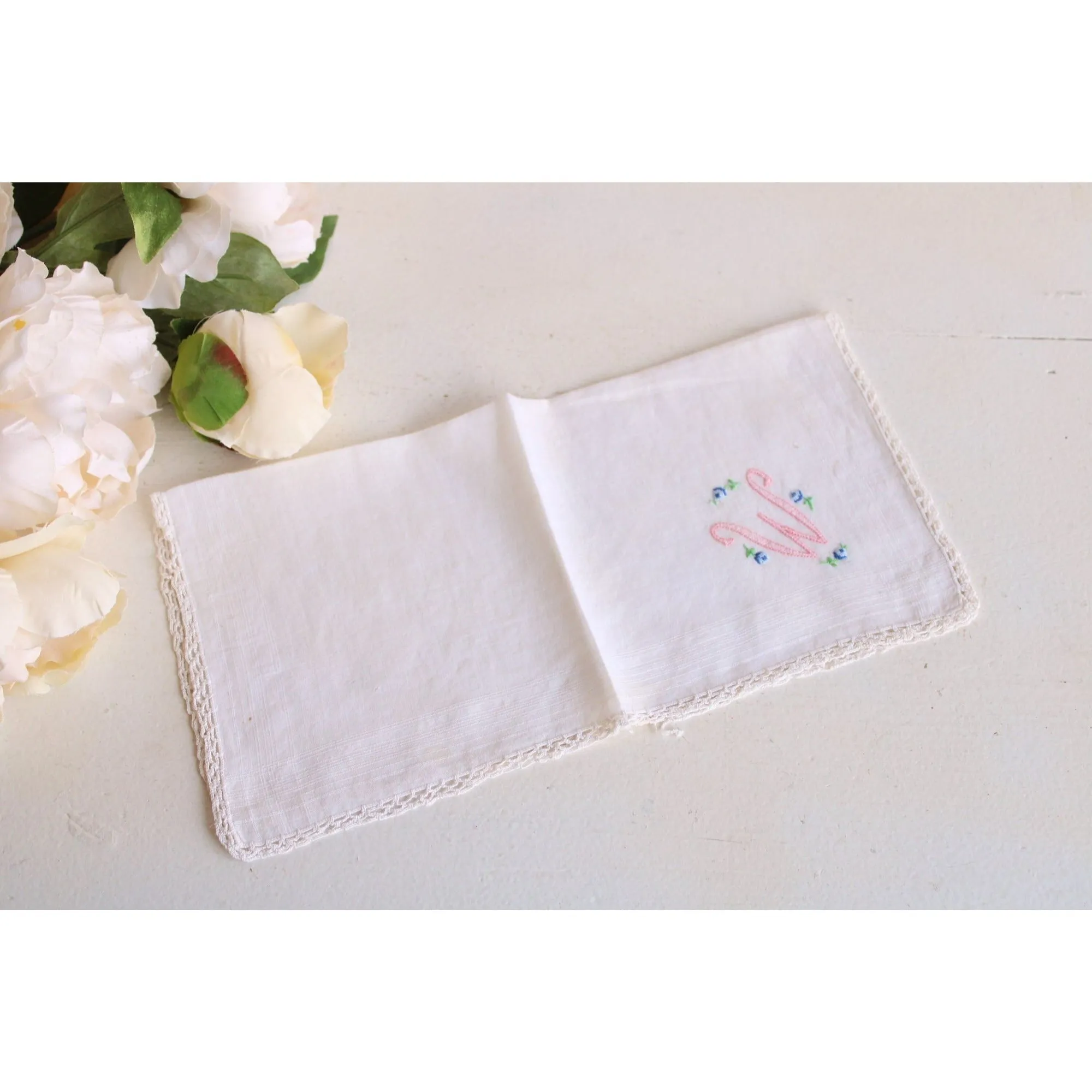 Vintage Handkerchief in White Cotton, Monogrammed with W