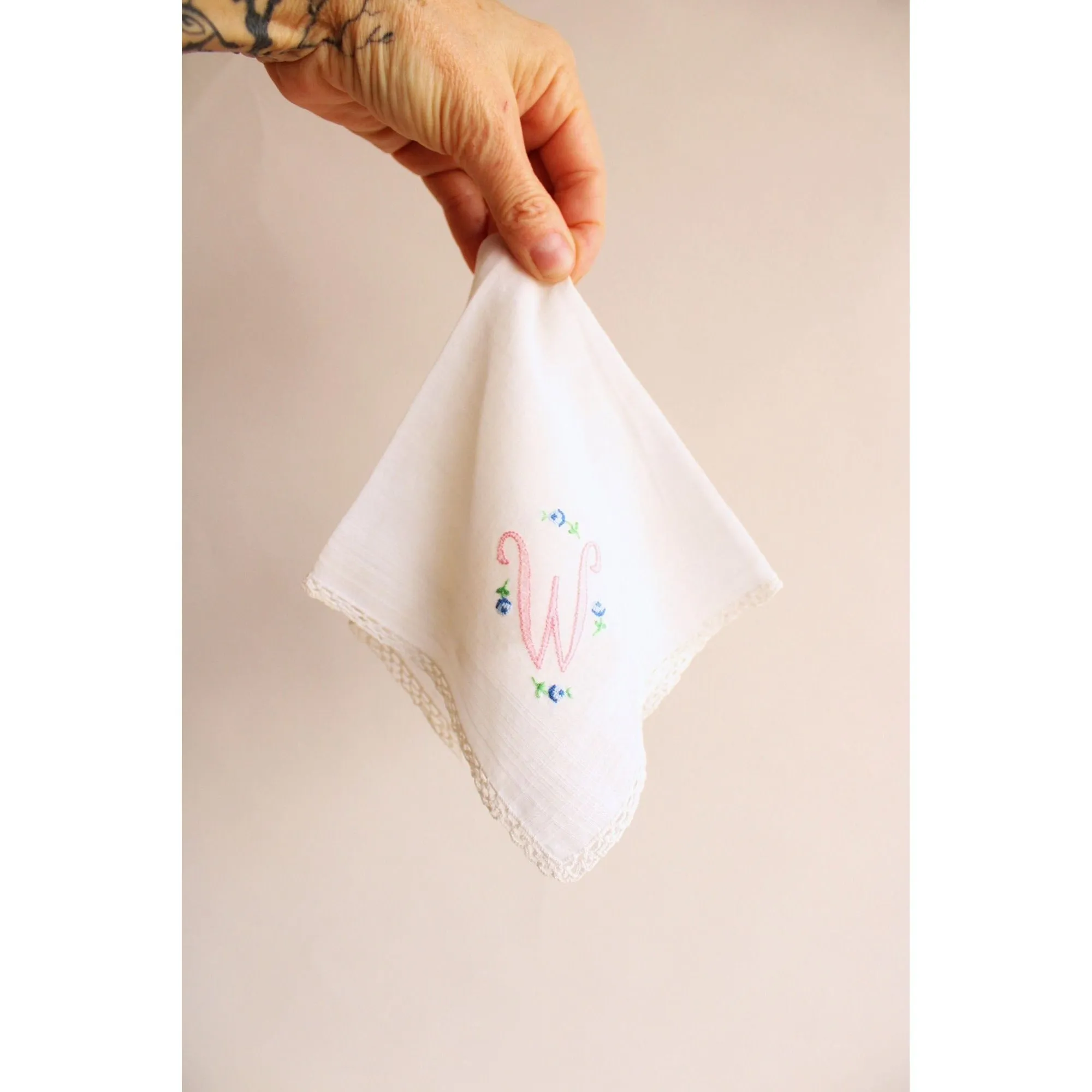 Vintage Handkerchief in White Cotton, Monogrammed with W