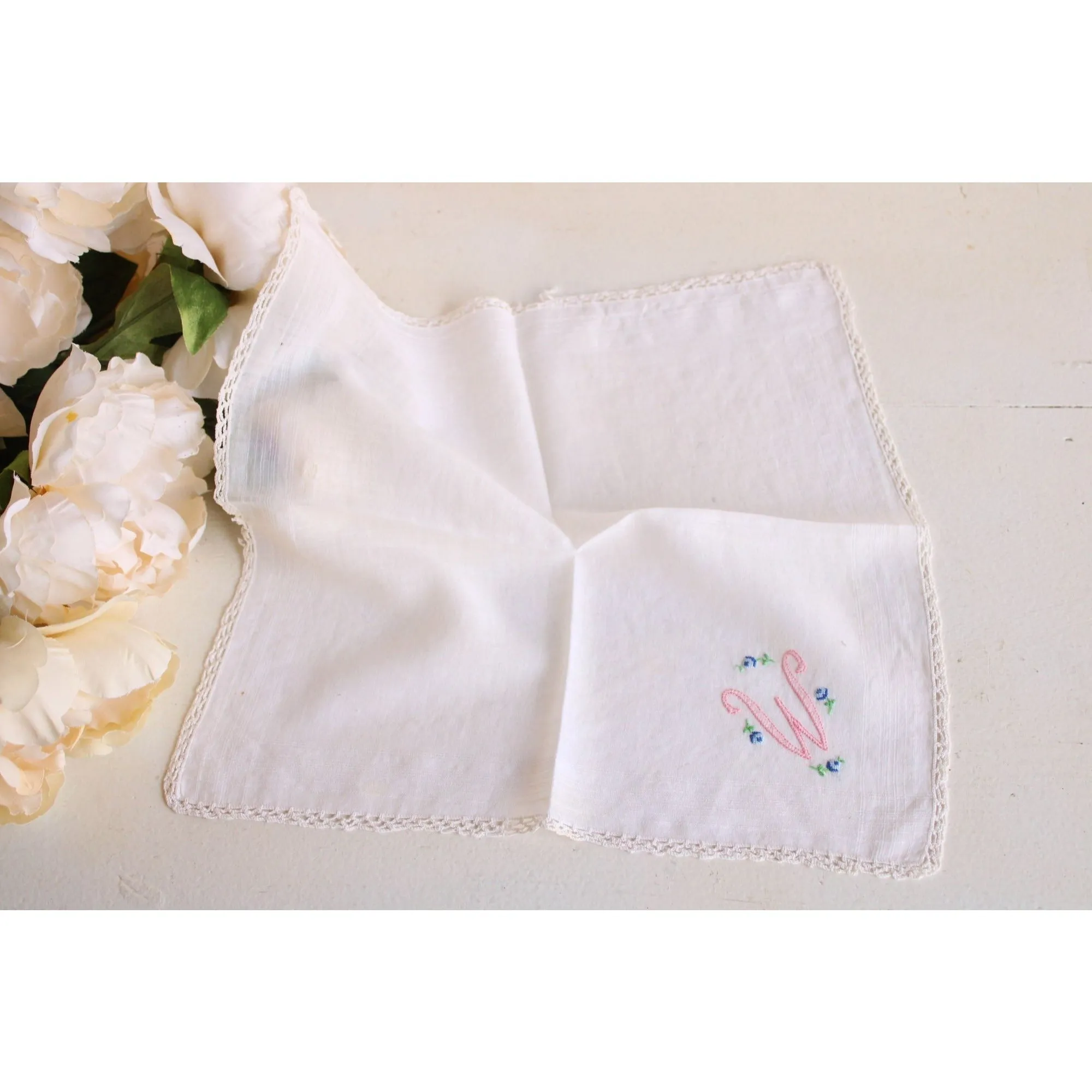 Vintage Handkerchief in White Cotton, Monogrammed with W