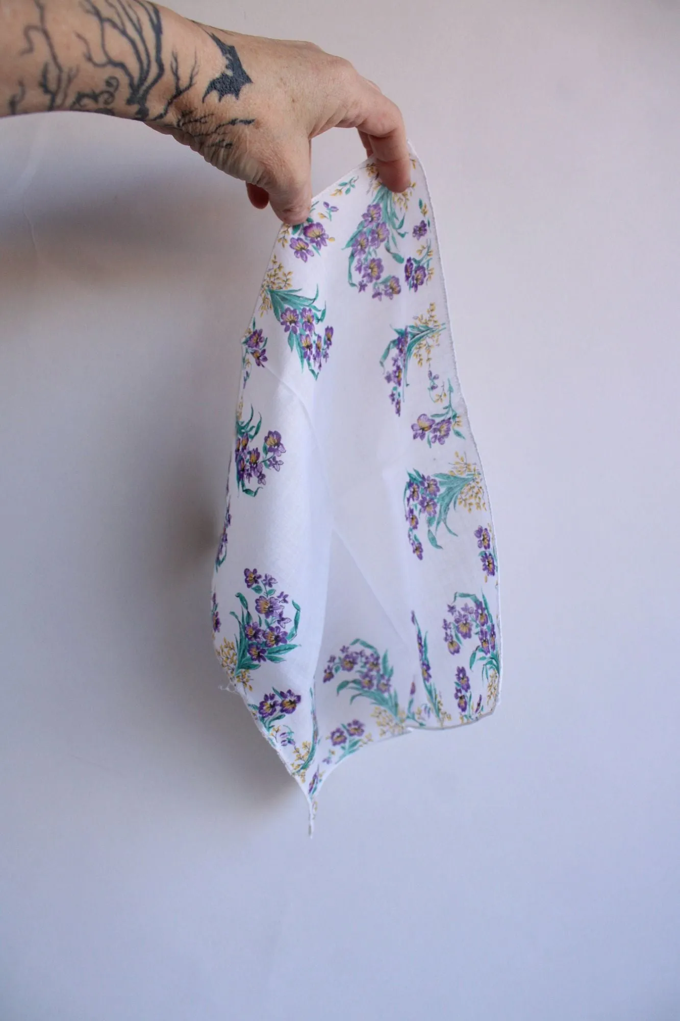 Vintage Handkerchief, Purple Floral Print on White Cotton Hankie