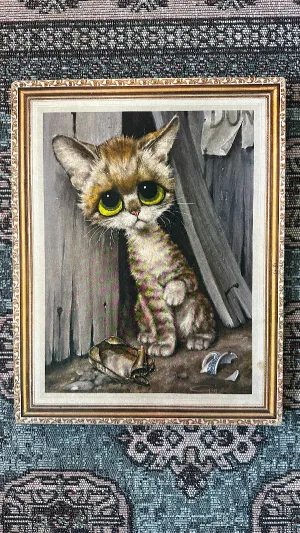 Vintage Lithograph,"Big Eyes" Pity Kitty 1960s Gig Litho Plaque