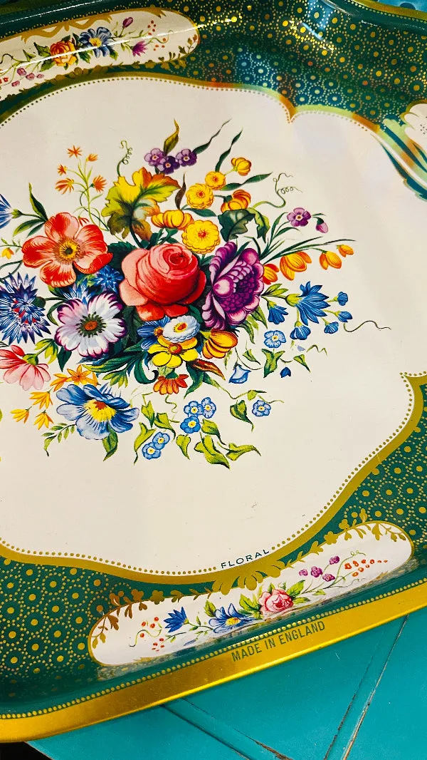 Vintage Metal Tray, England, Floral