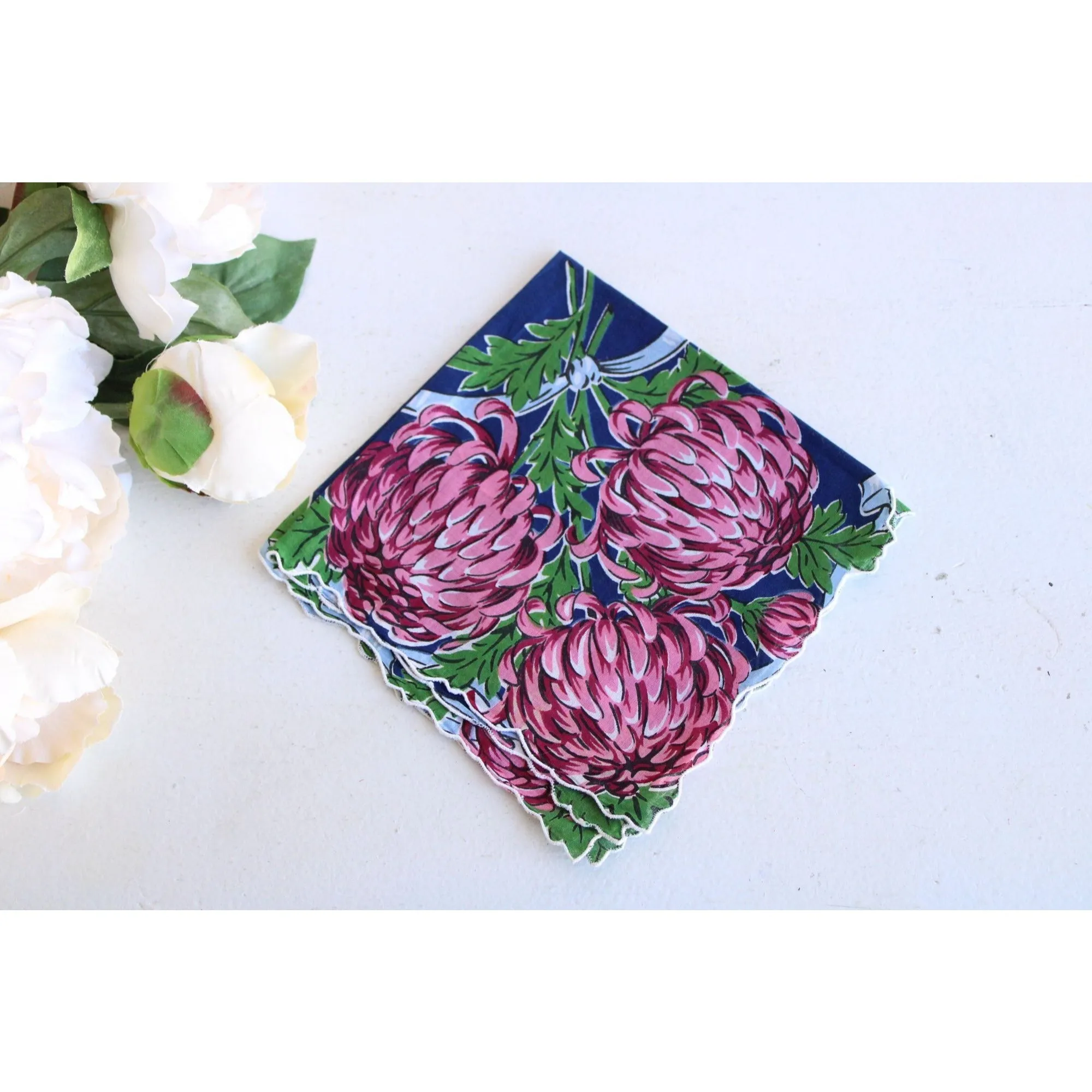 Vintage Navy Blue With Pink Roses Handkerchief