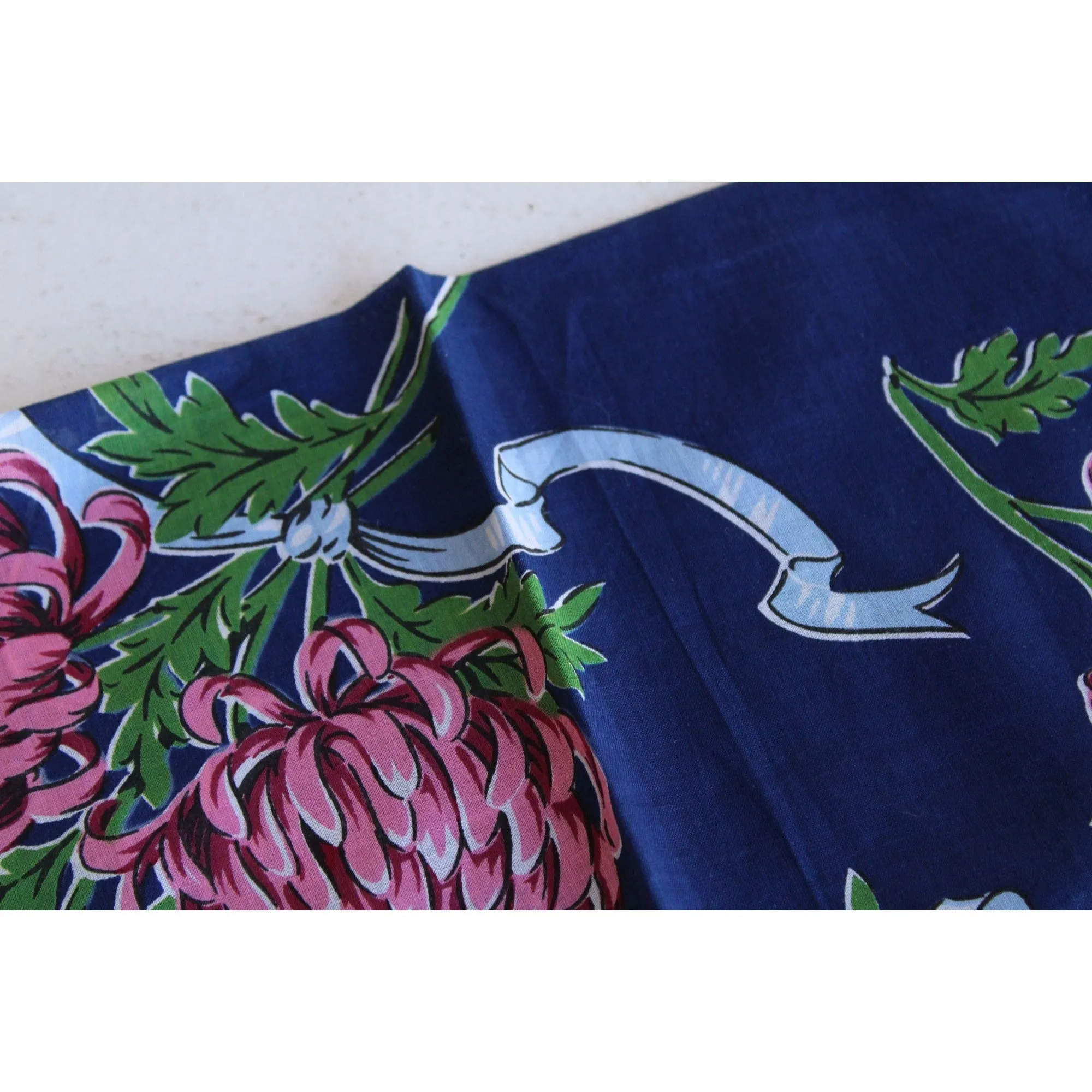 Vintage Navy Blue With Pink Roses Handkerchief