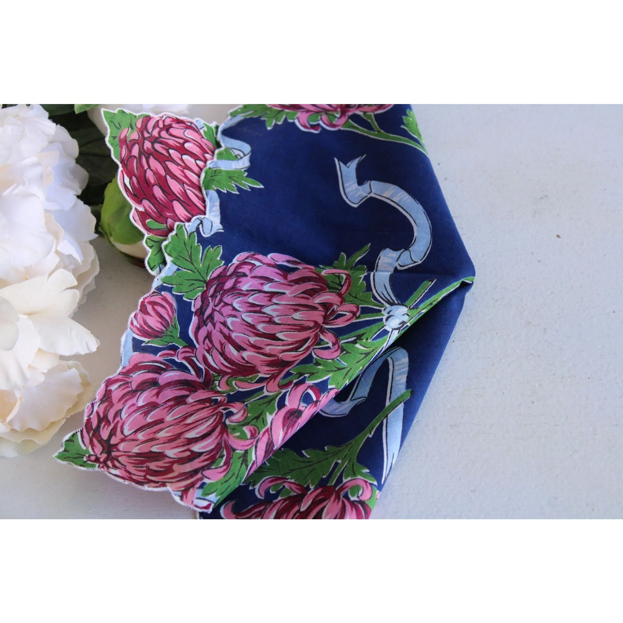 Vintage Navy Blue With Pink Roses Handkerchief