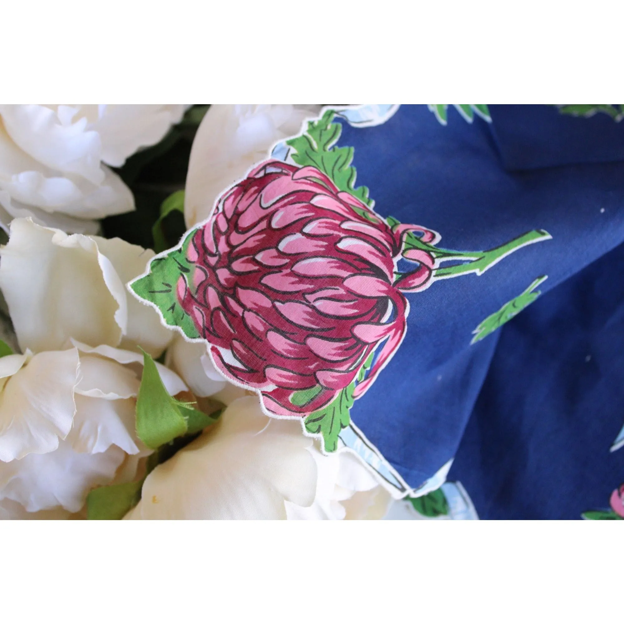 Vintage Navy Blue With Pink Roses Handkerchief