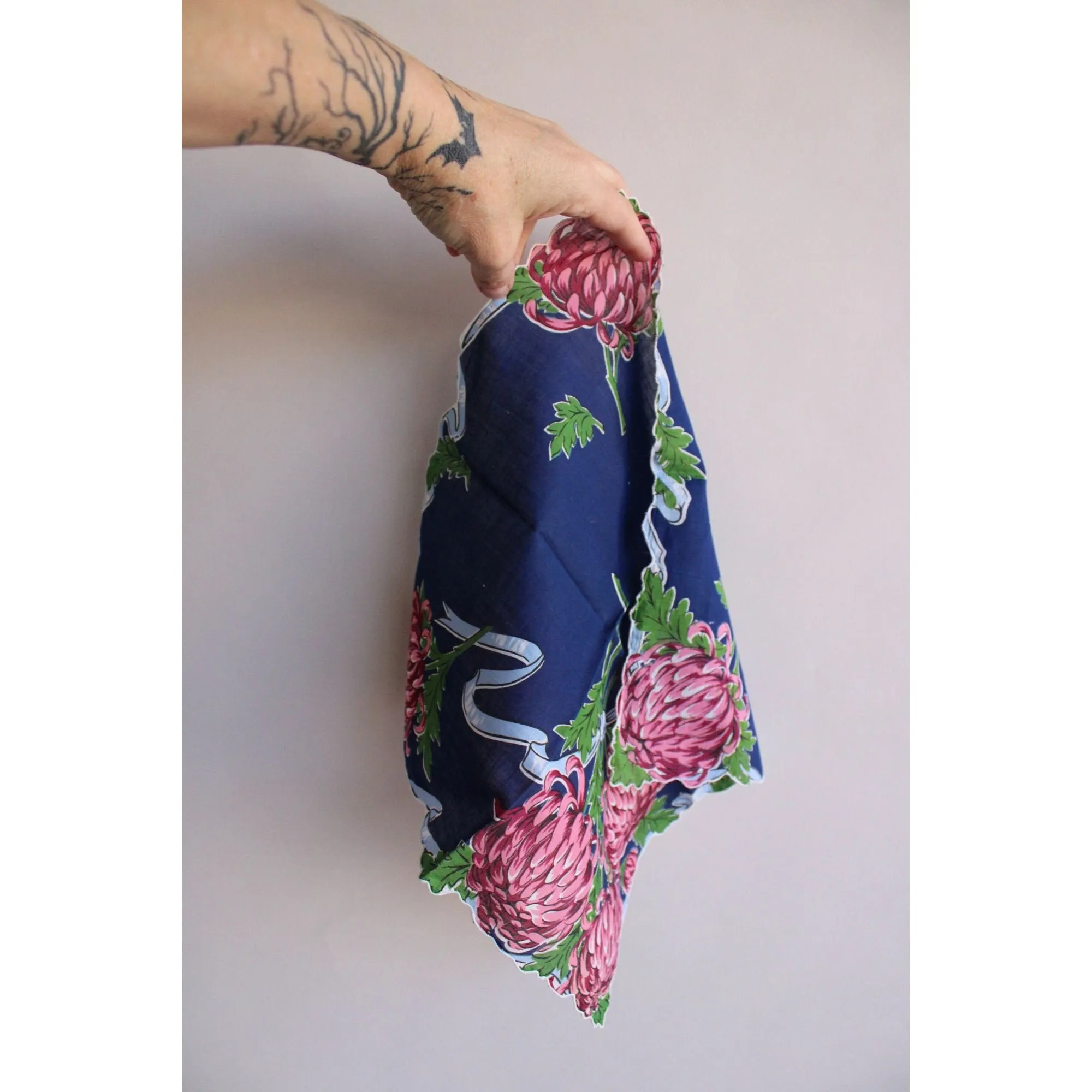 Vintage Navy Blue With Pink Roses Handkerchief