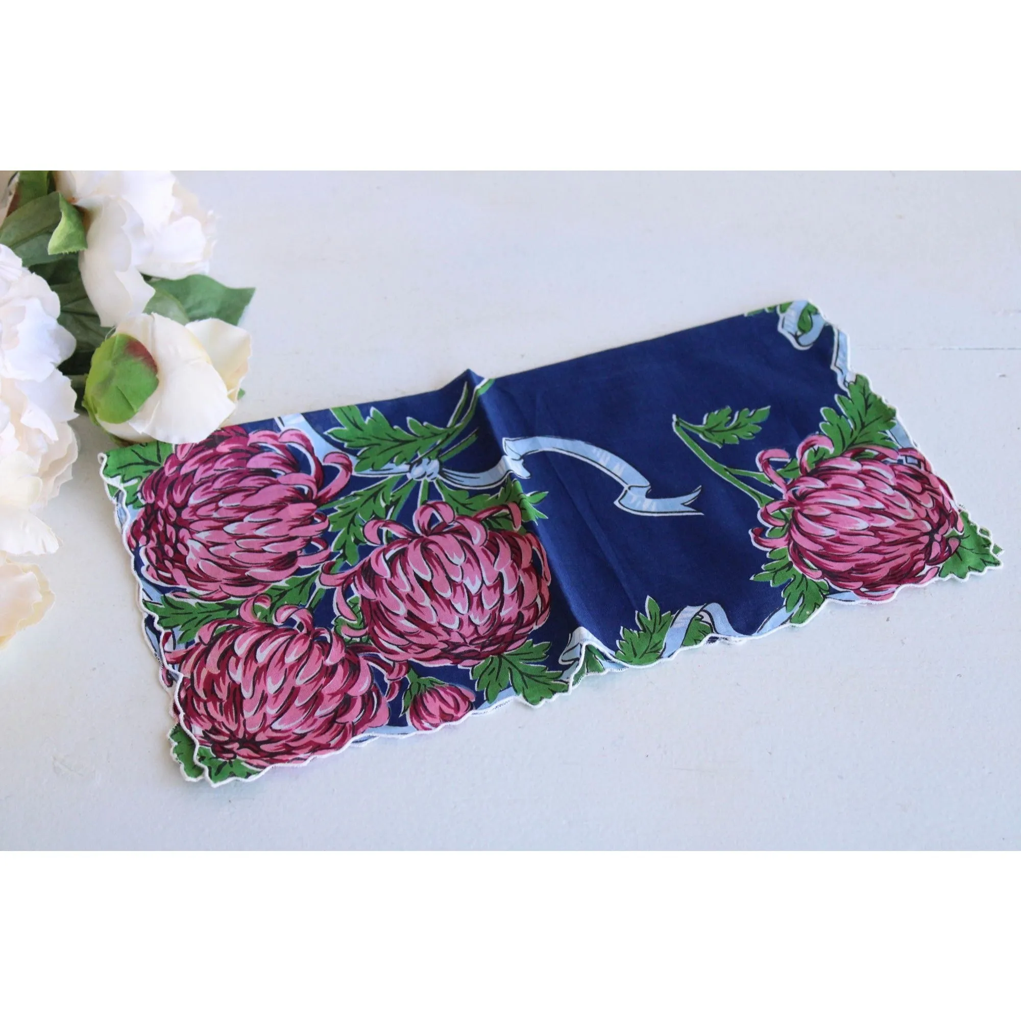 Vintage Navy Blue With Pink Roses Handkerchief