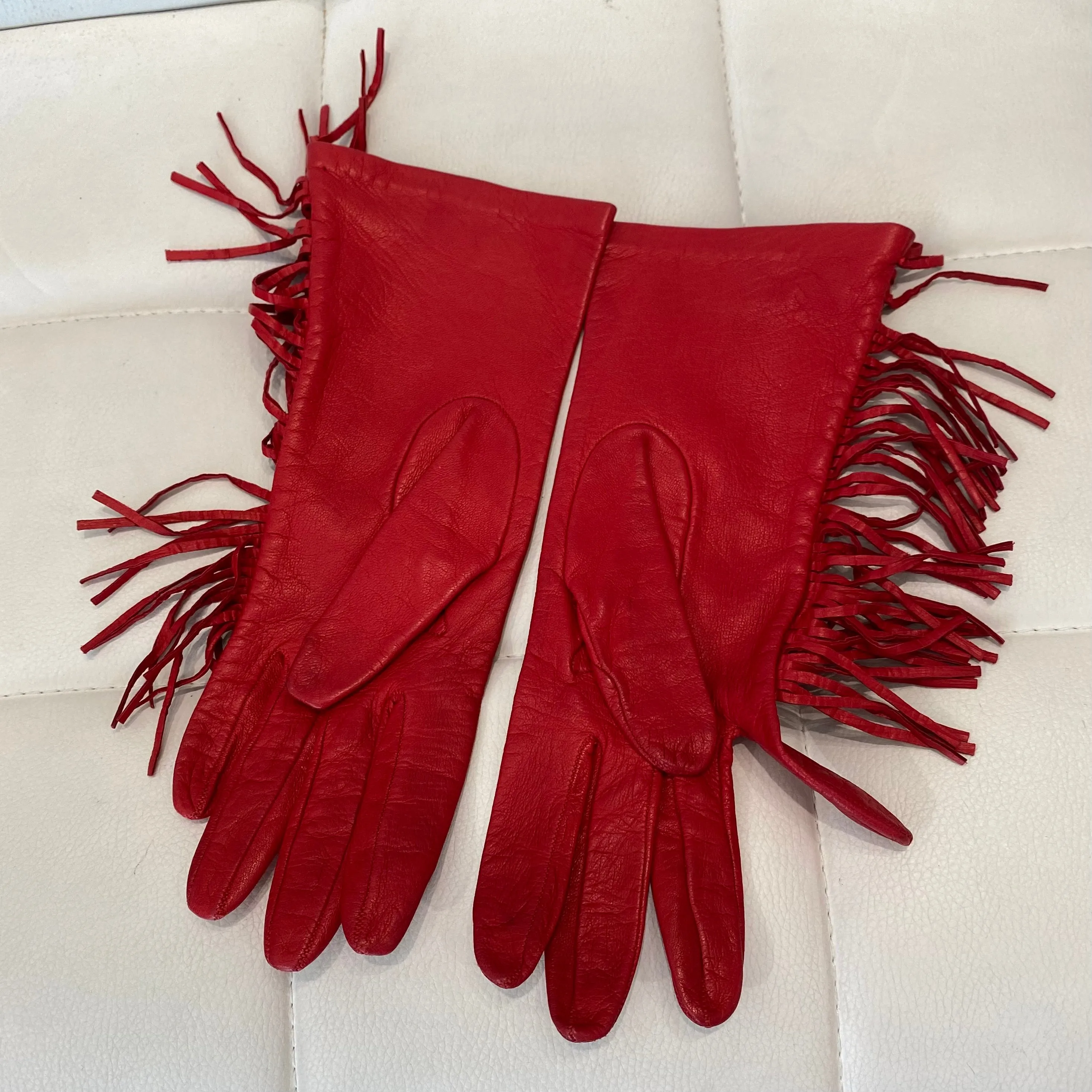 Vintage Red Leather Fringe Gloves