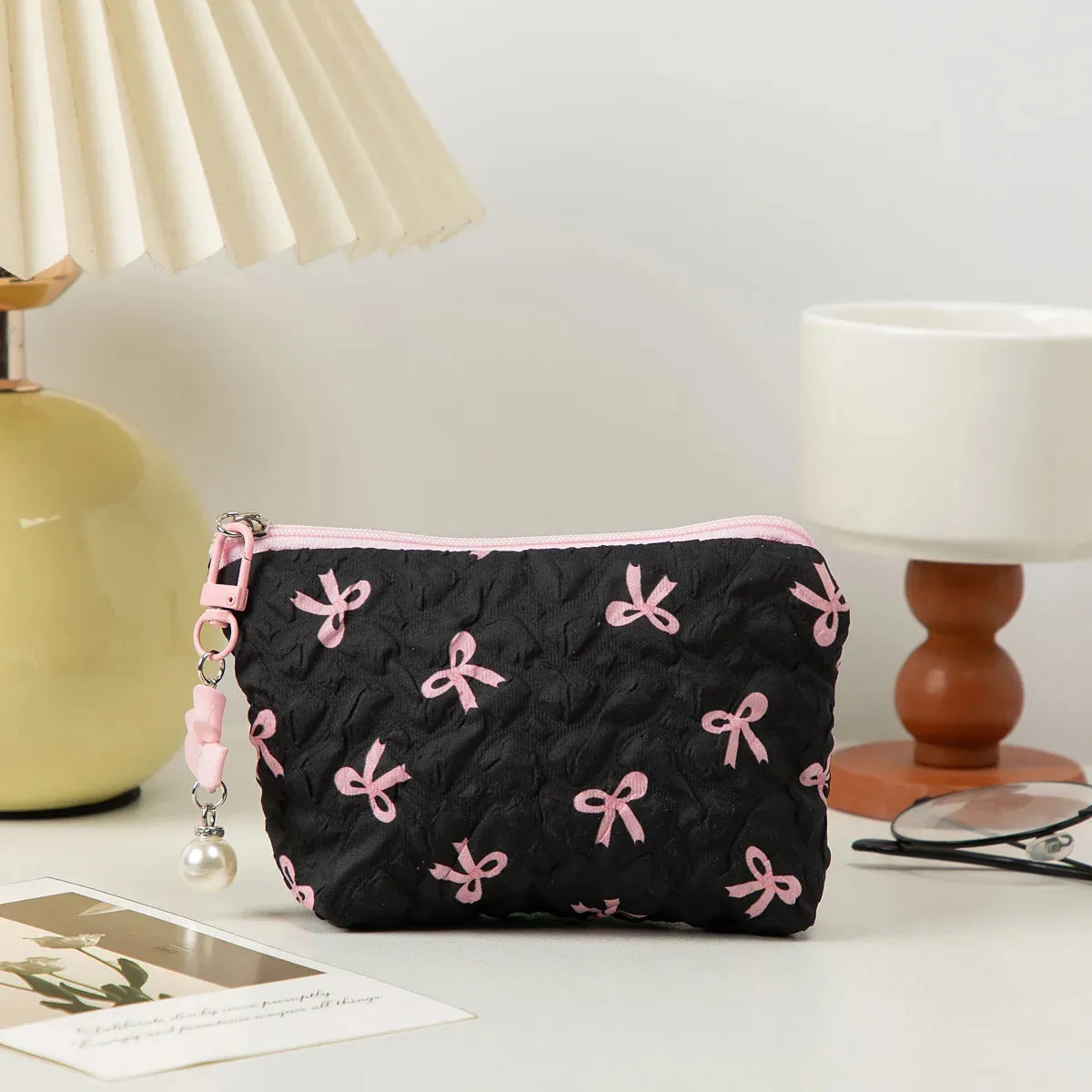 Vvsha Fashion Bow Mini Cosmetic Bag Quilted Makeup Storage Bag Women Girls' Make Up Travel Organizer Portable Lipstick Zipper Pouch