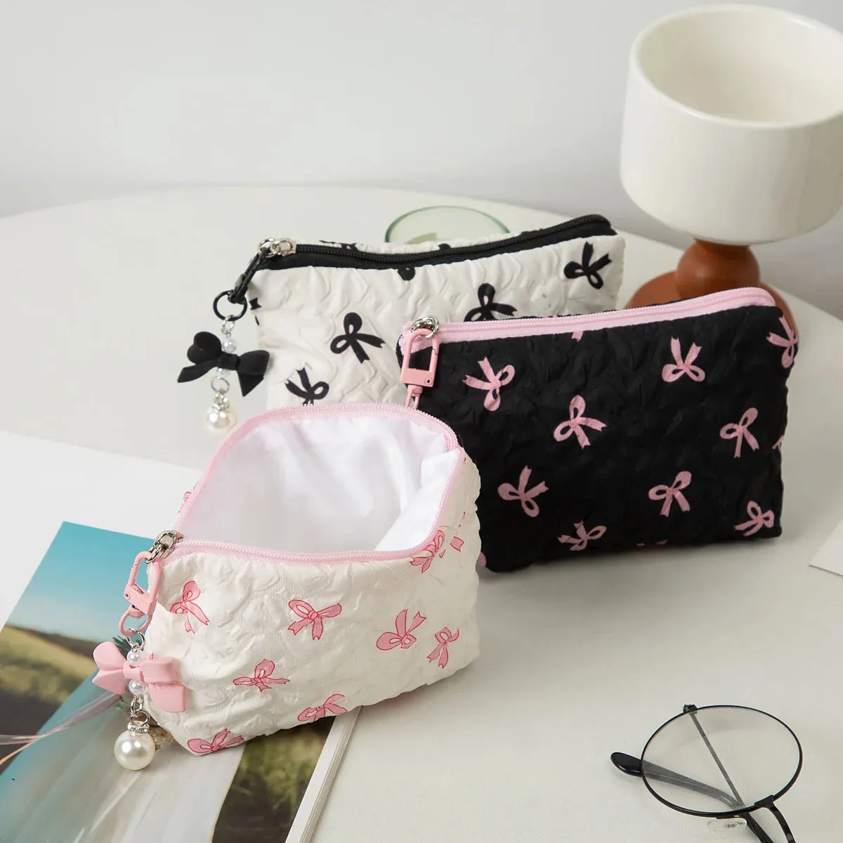 Vvsha Fashion Bow Mini Cosmetic Bag Quilted Makeup Storage Bag Women Girls' Make Up Travel Organizer Portable Lipstick Zipper Pouch