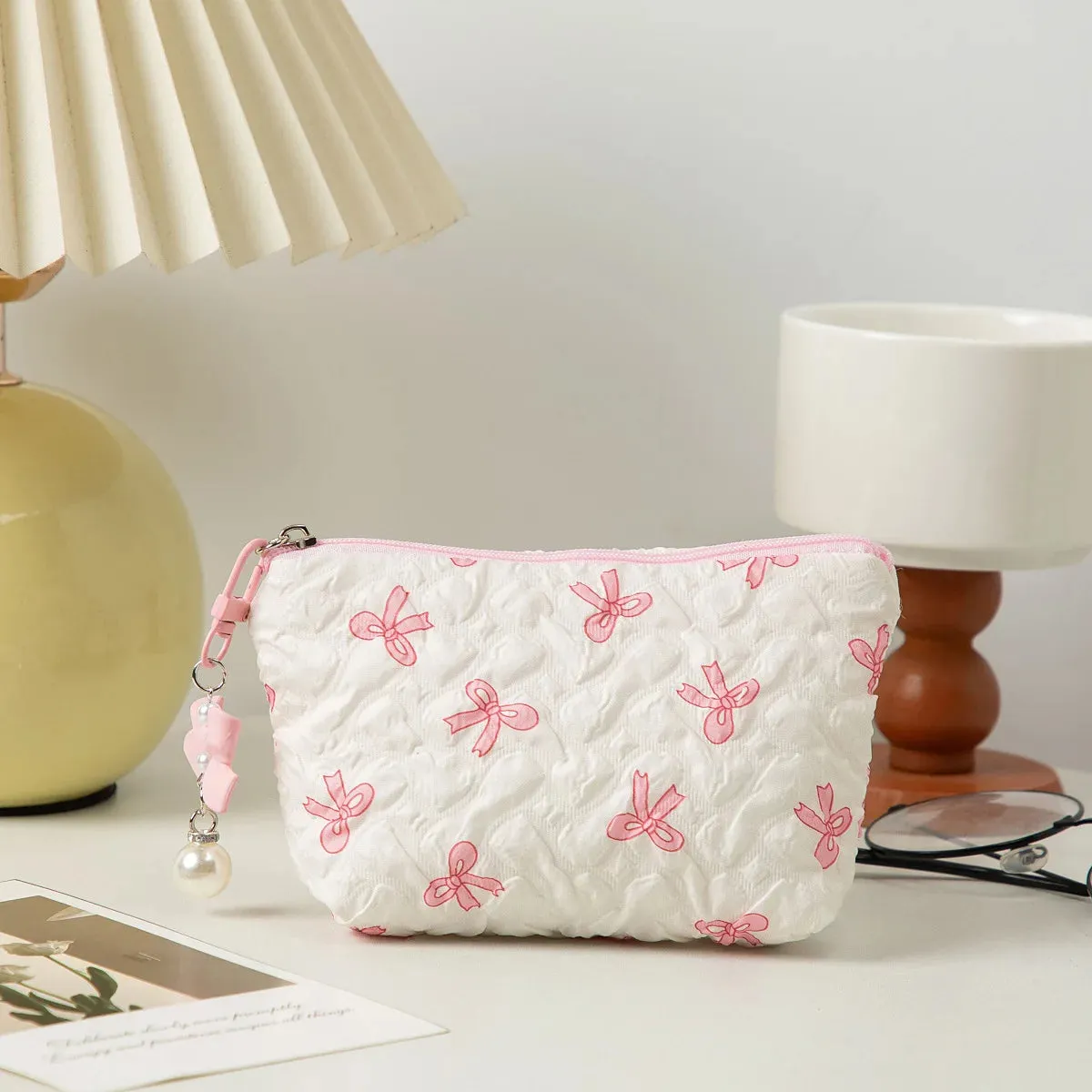 Vvsha Fashion Bow Mini Cosmetic Bag Quilted Makeup Storage Bag Women Girls' Make Up Travel Organizer Portable Lipstick Zipper Pouch