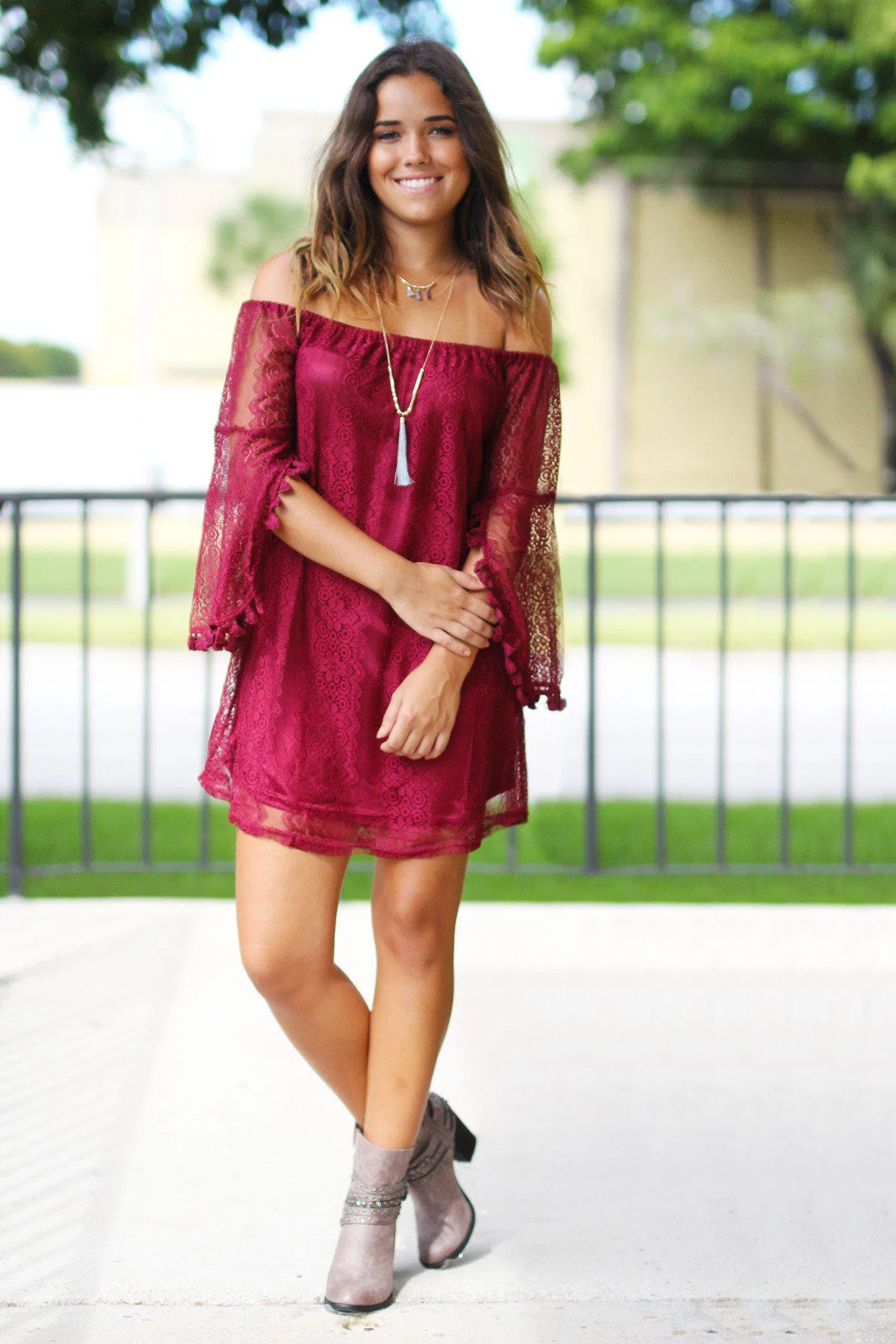 Wine Lace Off Shoulder Short Dress