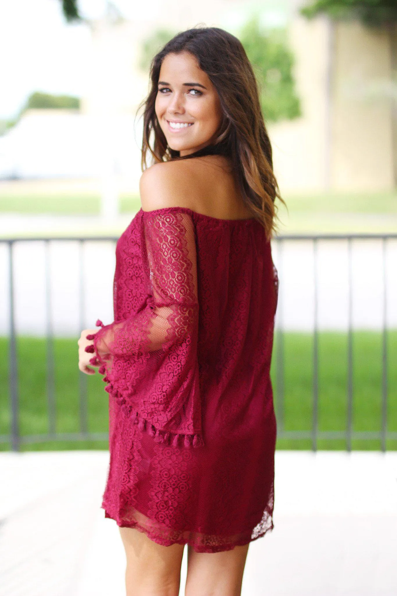 Wine Lace Off Shoulder Short Dress