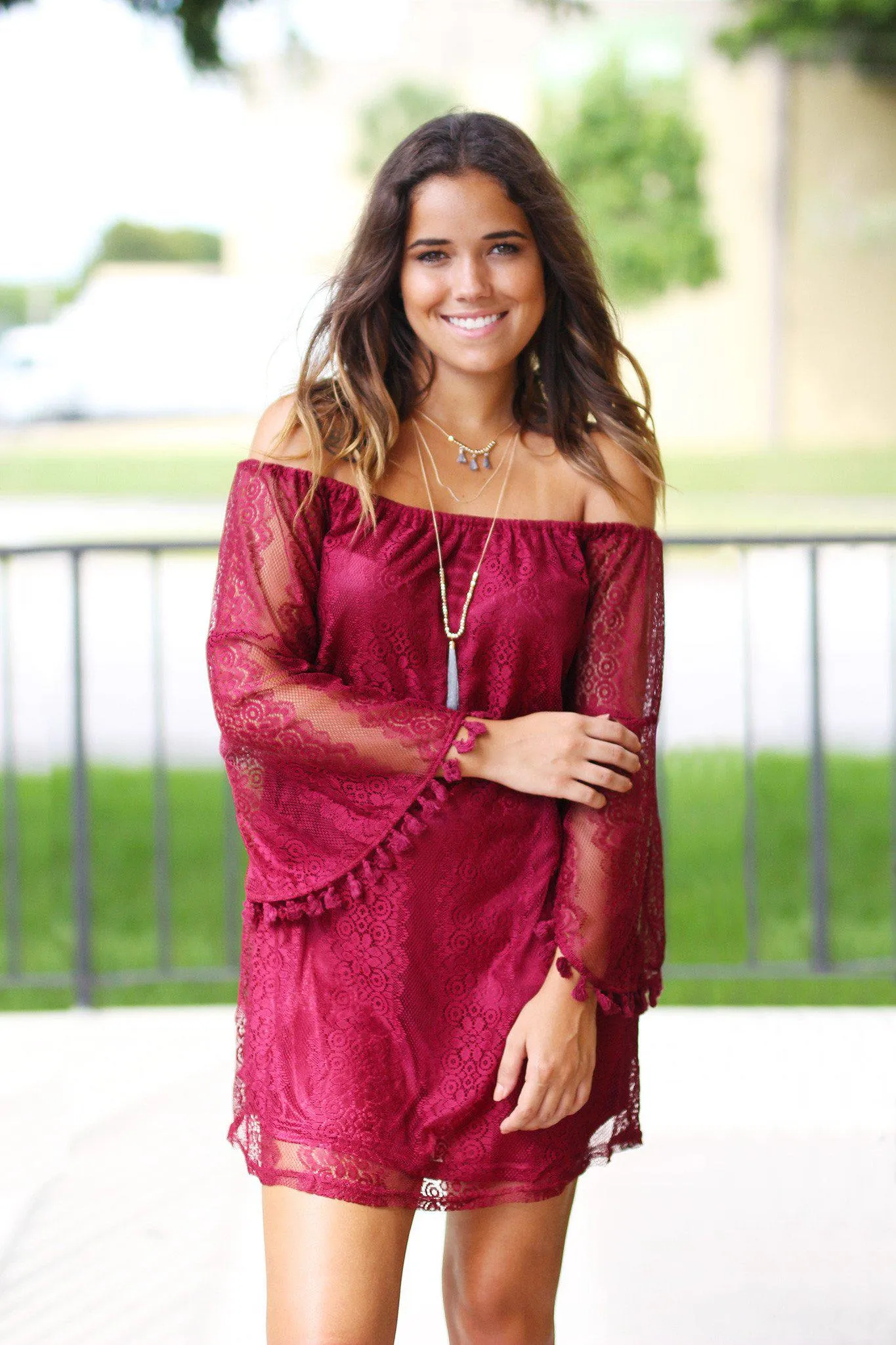 Wine Lace Off Shoulder Short Dress