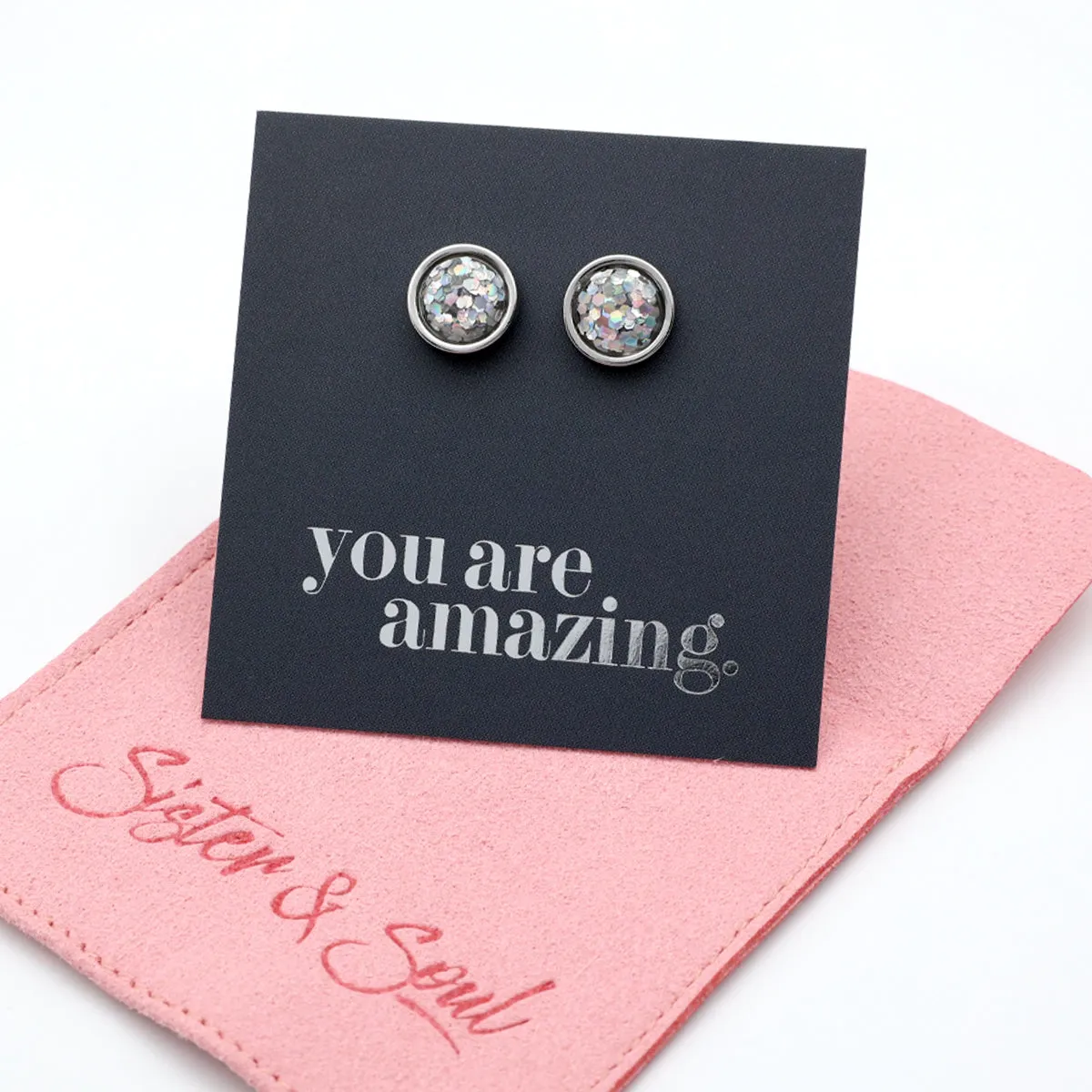 You Are Amazing - Silver Stainless Steel 8mm Circle Studs - Silver Gloss Glitter (11635)